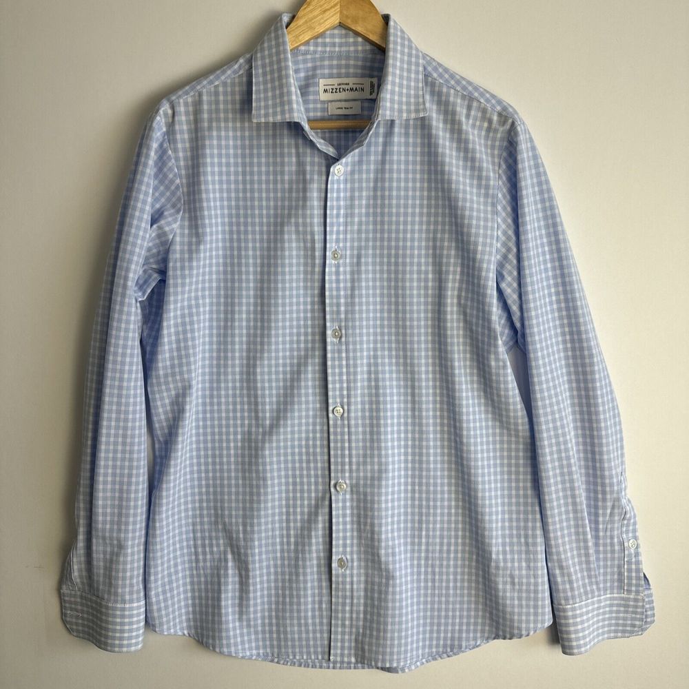 MIZZEN+MAIN Shirt Mens L Standard Fit Long Sleeve Blue Checker Button Up Leeward